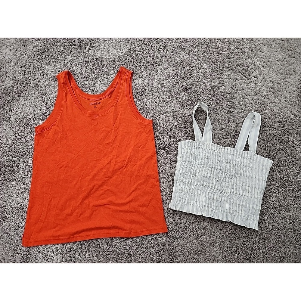 Lot of 2 J Crew Top Womens XS Orange Scoop Neck Tank Striped Smocked Crop Summer